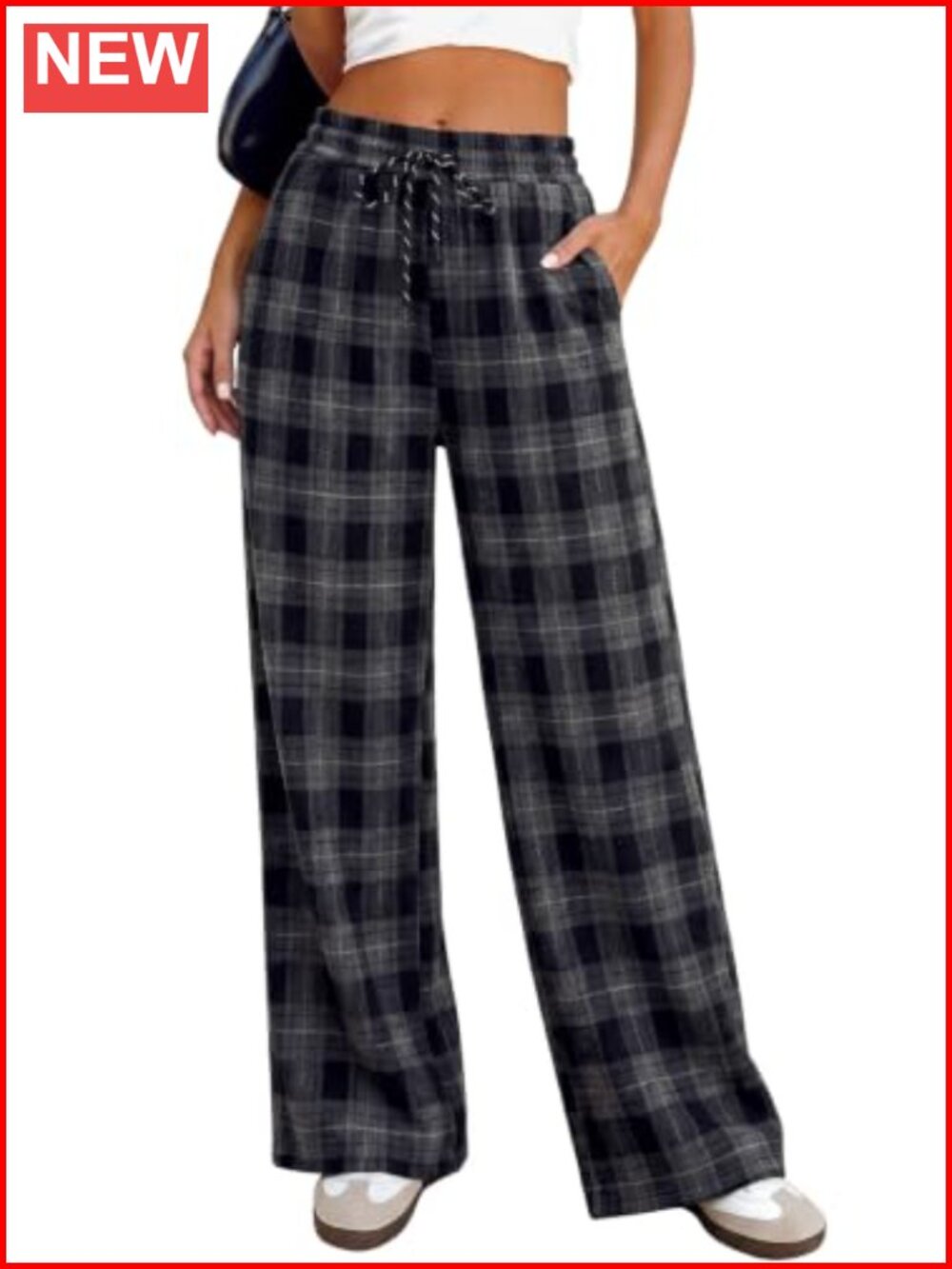 Plaid Wide Leg Pants with Pockets High Waist Drawstring